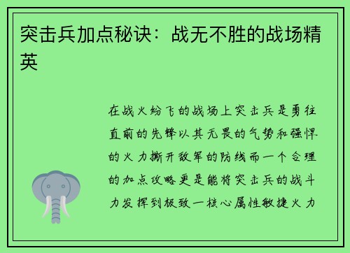 突击兵加点秘诀：战无不胜的战场精英